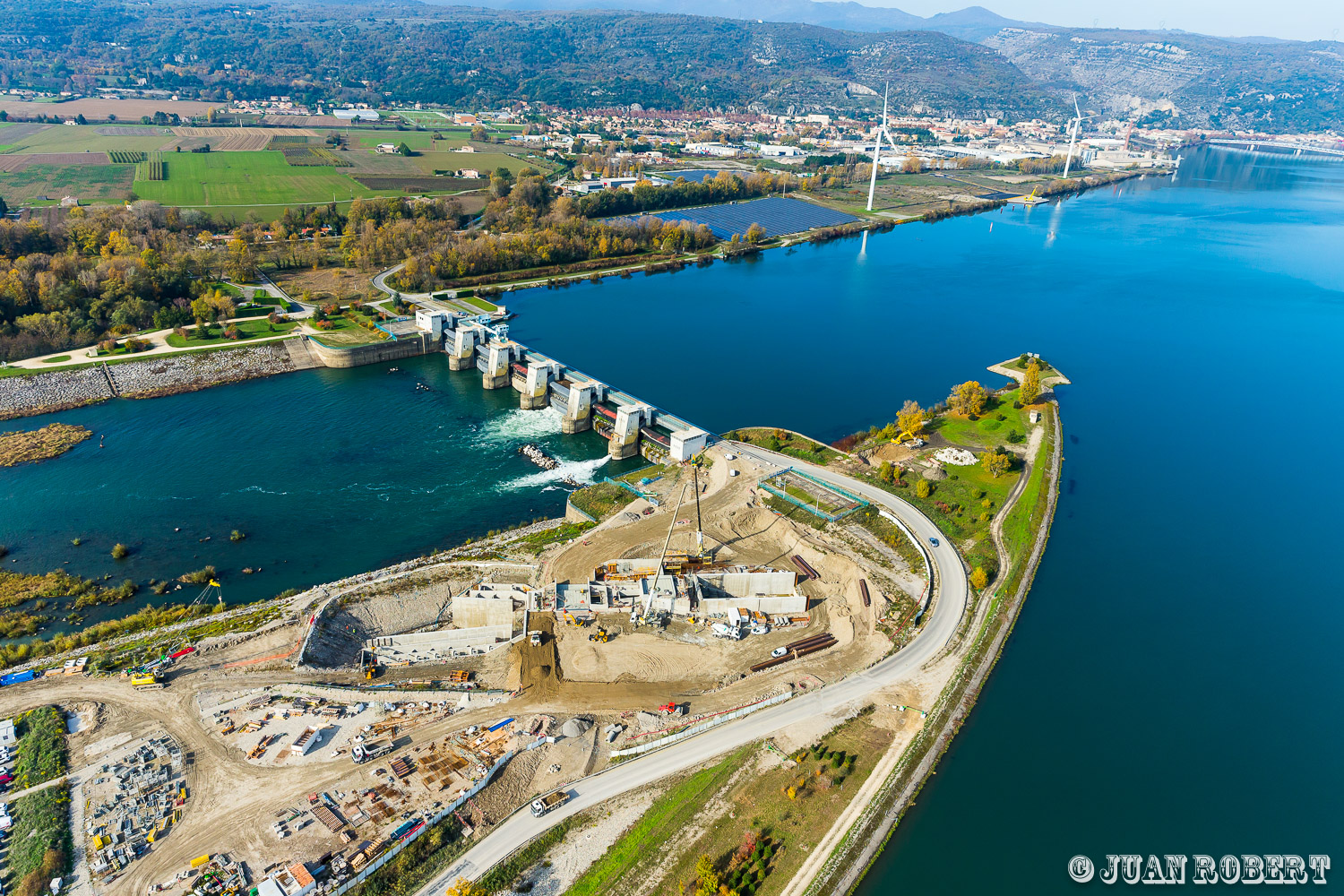 suivi aérienAuteur, CNR, Juan ROBERT, Le Pouzin, PCH, Photographe, automne, aérien, barrage, centrale hydro electrique, chantier, fleuve, grue, industrielle, rhone, travauxLoriol-sur-DrômeDrôme - Rhône-AlpesCNR, chantier de la PCH du Pouzin